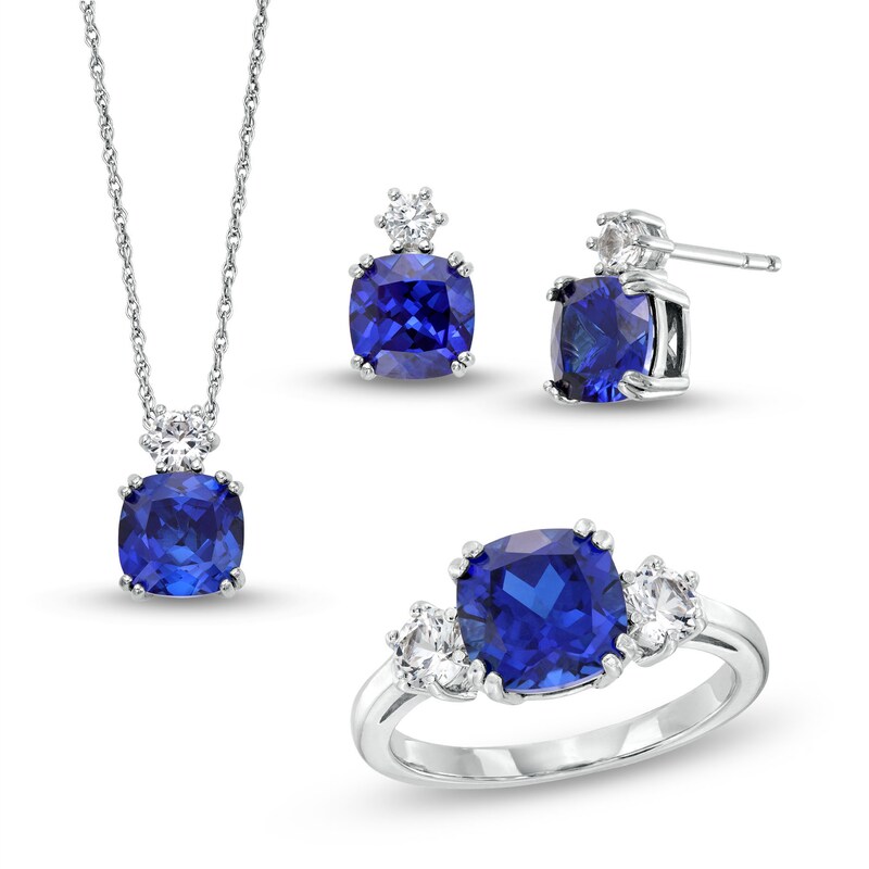 Cushion-Cut Blue and White Lab-Created Sapphire Pendant, Ring and Stud Earrings Set in Sterling Silver