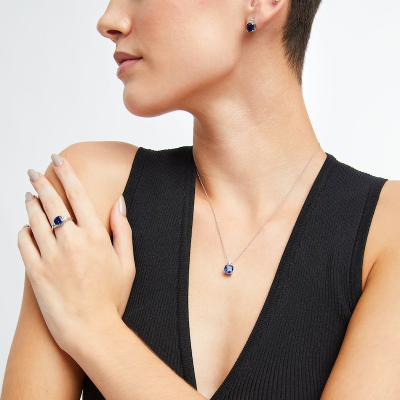 Main Image 2 of Cushion-Cut Blue and White Lab-Created Sapphire Pendant, Ring and Stud Earrings Set in Sterling Silver