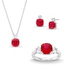 Thumbnail Image 1 of Cushion-Cut Lab-Created Ruby and White Lab-Created Sapphire Pendant, Ring and Stud Earrings Set in Sterling Silver