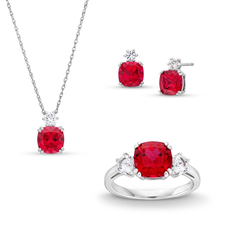 Main Image 1 of Cushion-Cut Lab-Created Ruby and White Lab-Created Sapphire Pendant, Ring and Stud Earrings Set in Sterling Silver