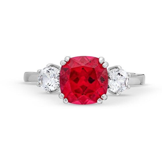 Cushion-Cut Lab-Created Ruby and White Lab-Created Sapphire Pendant, Ring and Stud Earrings Set in Sterling Silver