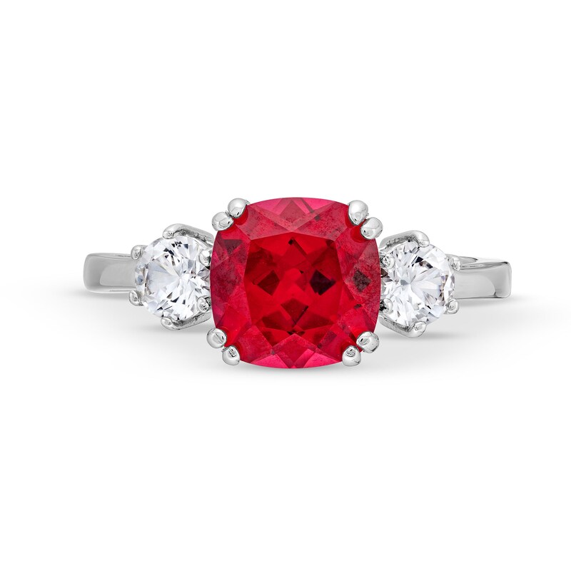 Main Image 4 of Cushion-Cut Lab-Created Ruby and White Lab-Created Sapphire Pendant, Ring and Stud Earrings Set in Sterling Silver