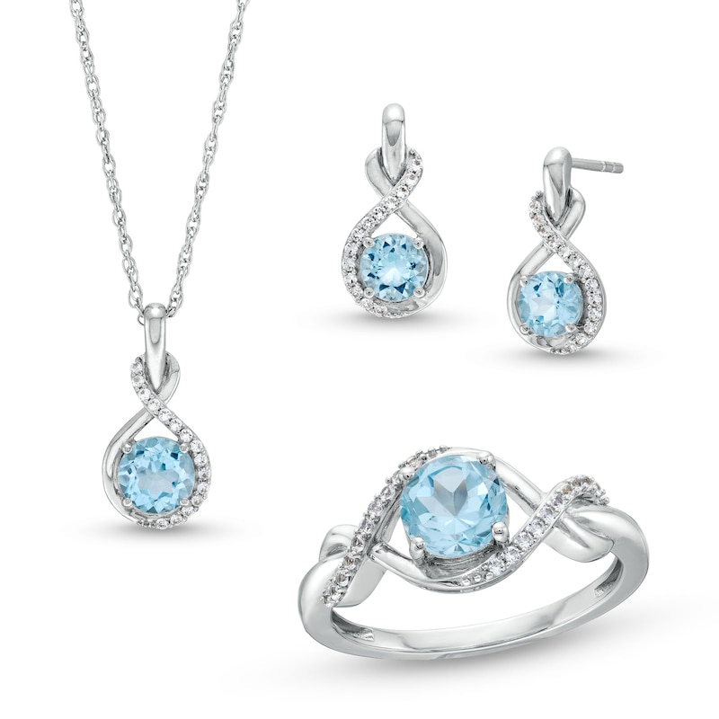 Main Image 1 of Sky Blue Topaz and White Lab-Created Sapphire Infinity Ribbon Pendant, Ring and Drop Earrings Set in Sterling Silver