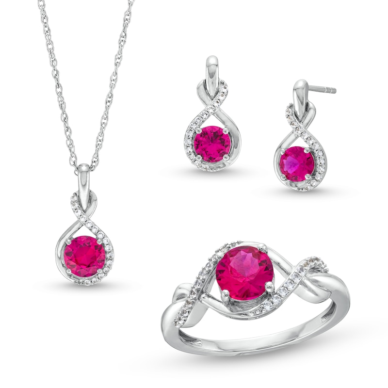 Main Image 1 of Lab-Created Ruby and White Lab-Created Sapphire Infinity Ribbon Pendant, Ring and Drop Earrings Set in Sterling Silver