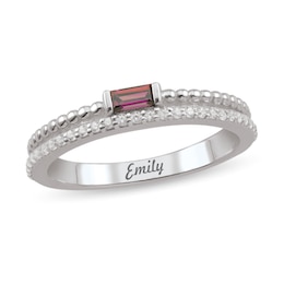 Sideways Baguette-Cut Gemstone and 1/4 CT. T.W. Diamond Engravable Split Double Row Ring (1 Stone and Line)