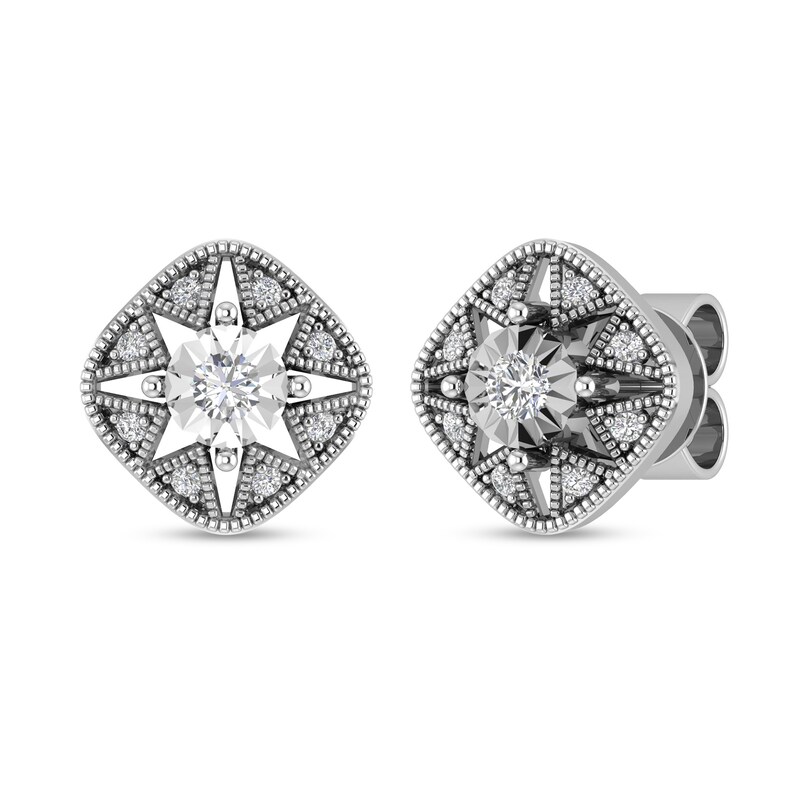 Main Image 2 of 1/4 CT. T.W. Diamond Cushion Vintage-Style North Star Stud Earrings in 10K White Gold