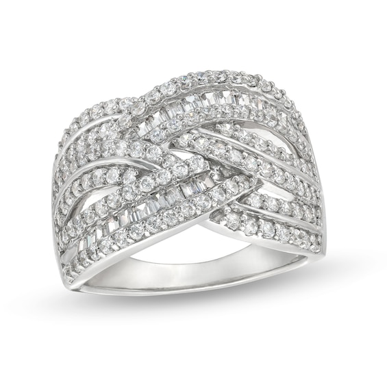 1 CT. T.w. Baguette and Round Diamond Layered Overlay Band in 10K White Gold