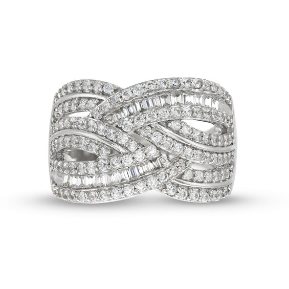 1 CT. T.w. Baguette and Round Diamond Layered Overlay Band in 10K White Gold