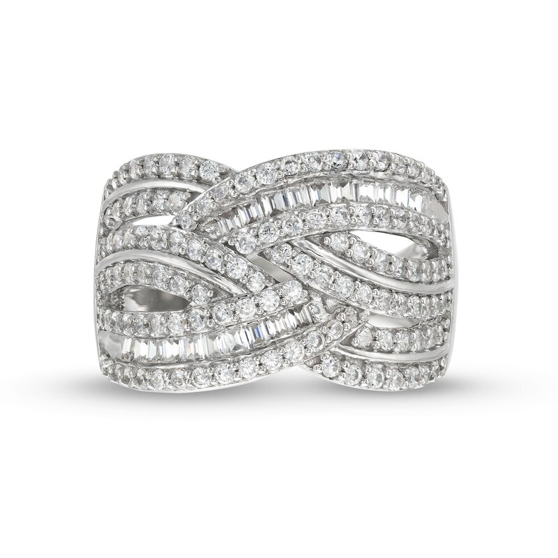 Main Image 4 of 1 CT. T.W. Baguette and Round Diamond Layered Overlay Band in 10K White Gold