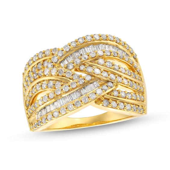 1 CT. T.w. Baguette and Round Diamond Layered Overlay Band in 10K Gold