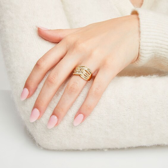 1 CT. T.w. Baguette and Round Diamond Layered Overlay Band in 10K Gold