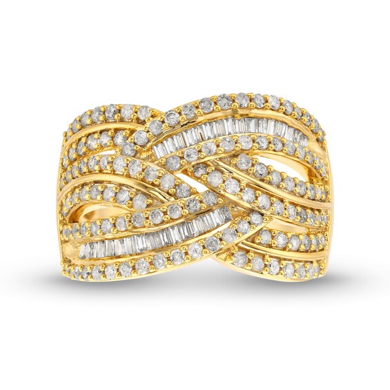 1 CT. T.w. Baguette and Round Diamond Layered Overlay Band in 10K Gold