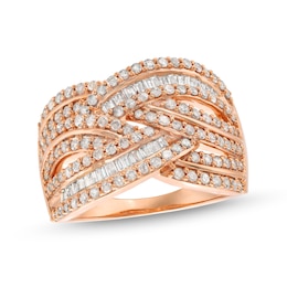 1 CT. T.W. Baguette and Round Diamond Layered Overlay Band in 10K Rose Gold