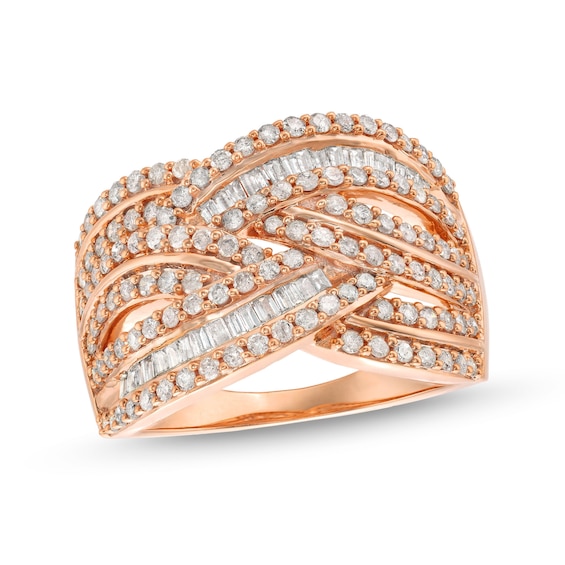 1 CT. T.w. Baguette and Round Diamond Layered Overlay Band in 10K Rose Gold