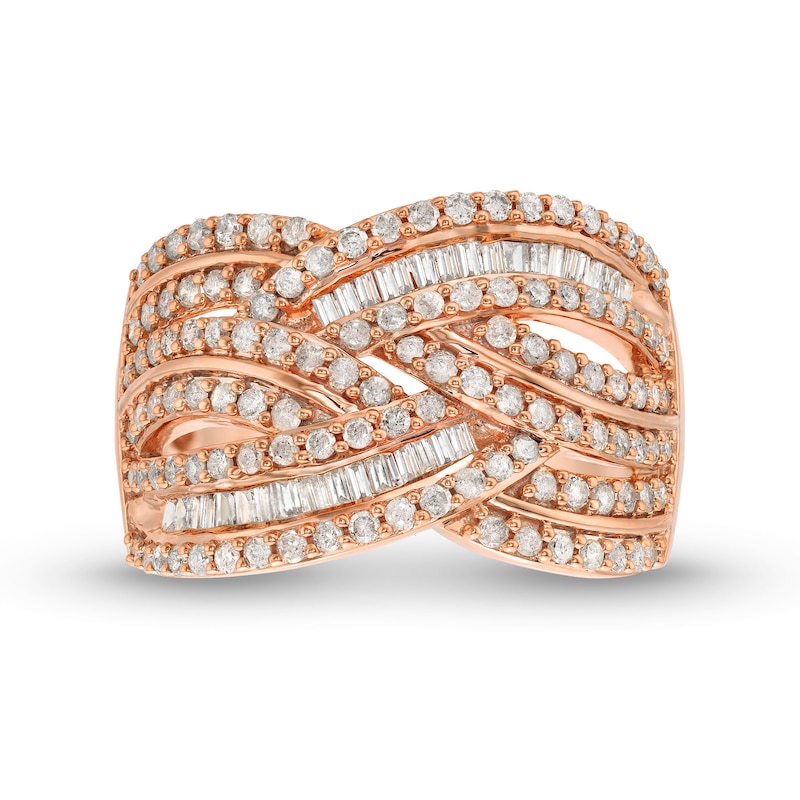Main Image 4 of 1 CT. T.W. Baguette and Round Diamond Layered Overlay Band in 10K Rose Gold