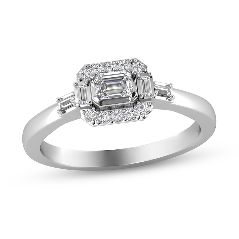 Sideways 1/3 CT. T.W. Emerald-Cut Diamond Frame Ring in 10K White Gold ...