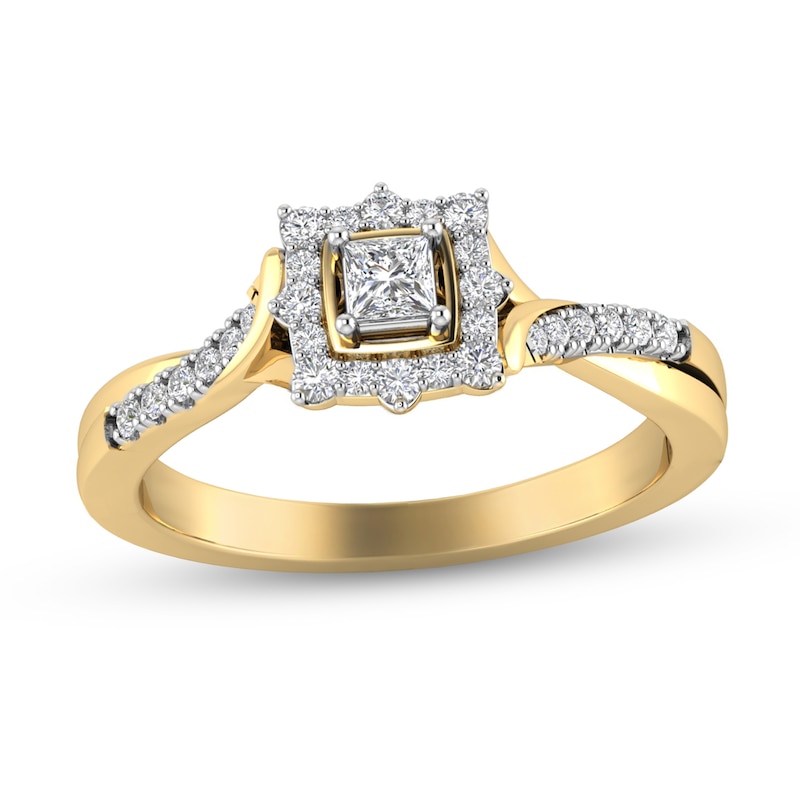 Main Image 1 of 1/4 CT. T.W. Princess-Cut Diamond Square Frame Criss-Cross Ring in 10K Gold