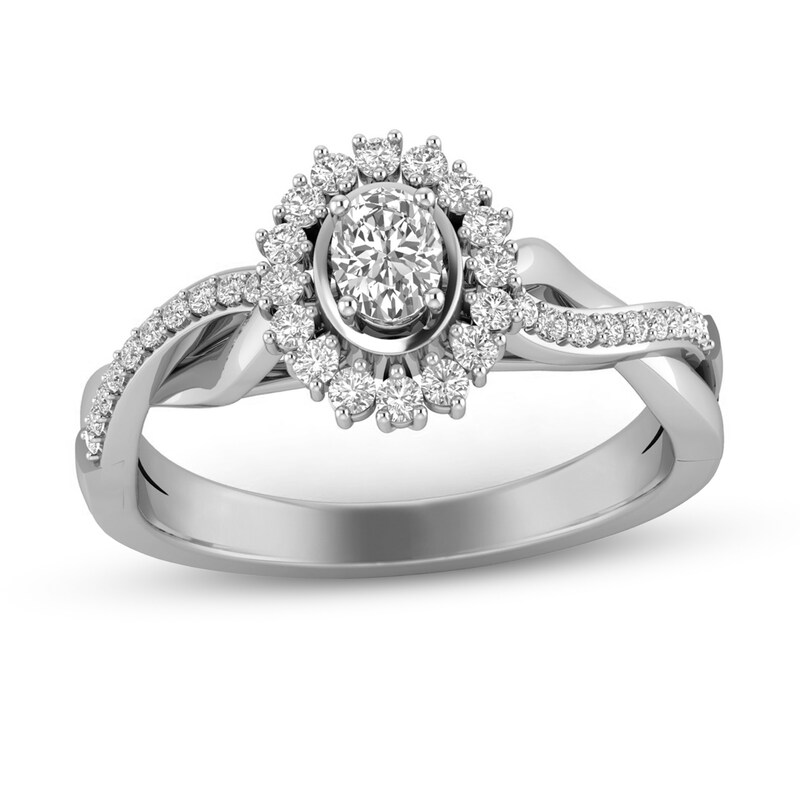 Main Image 1 of 1/3 CT. T.W. Oval Diamond Shadow Frame Twist Shank Ring in 10K White Gold
