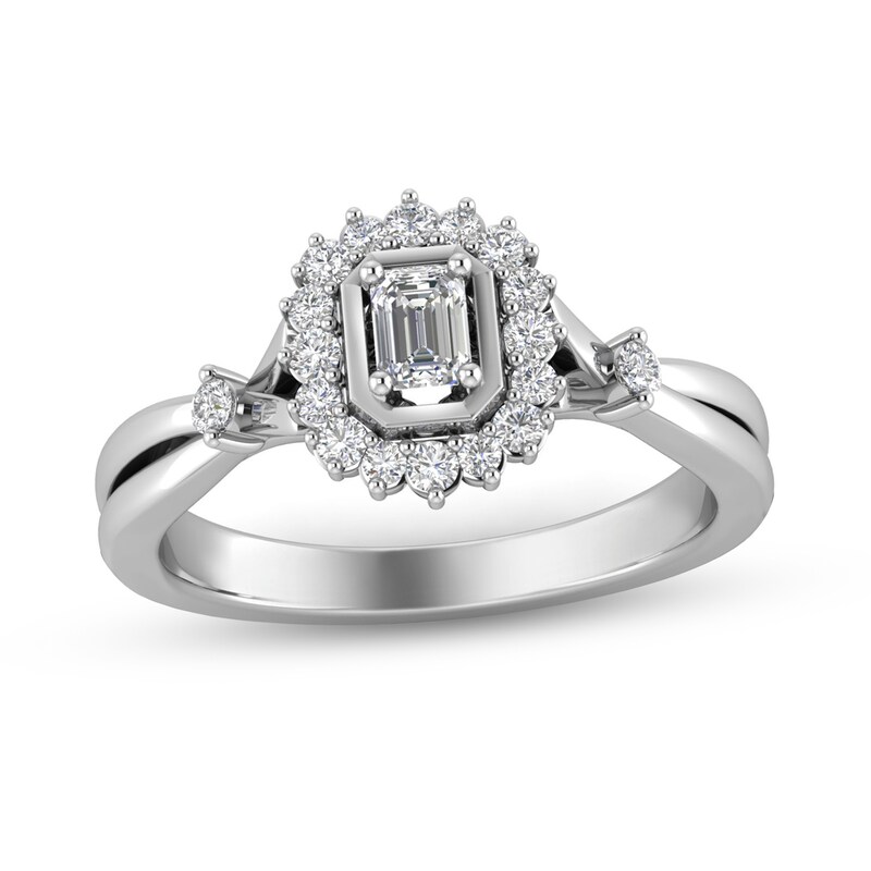 Main Image 1 of 3/8 CT. T.W. Emerald-Cut Diamond Shadow Frame Split Shank Ring in 10K White Gold