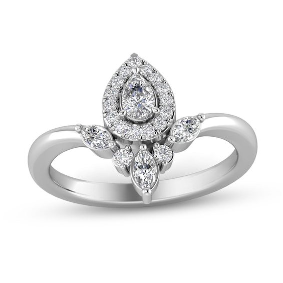 3/8 CT. T.w. Multi-Shaped Diamond Teardrop Frame Chevron Ring in 10K White Gold