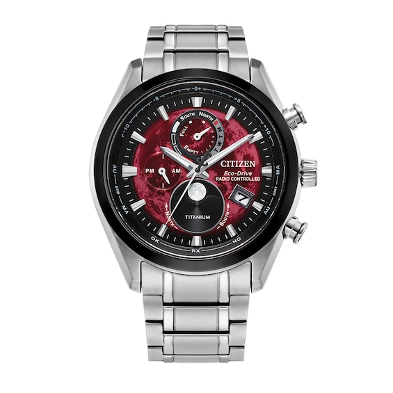 Men's Citizen Eco-Drive® Sport Luxury Super Titanium⢠Radio Controlled Chrono Watch with Red Dial (Model: By1018-55X)