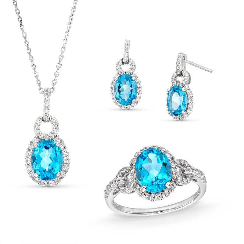 Main Image 1 of Oval Swiss Blue Topaz and White Lab-Created Sapphire Doorknocker Pendant, Ring and Drop Earrings Set in Sterling Silver