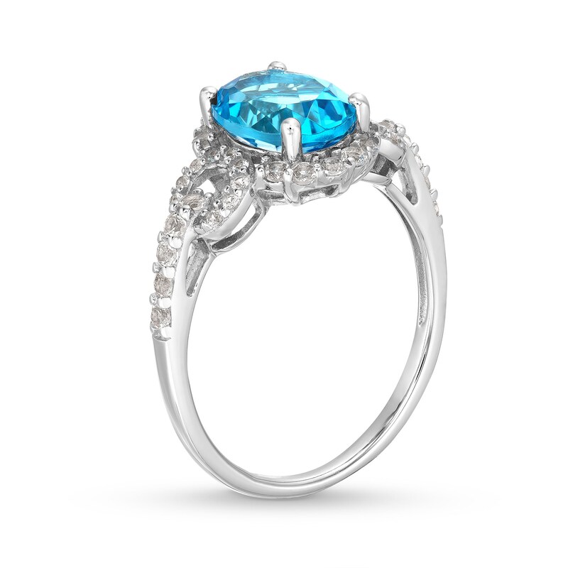Main Image 3 of Oval Swiss Blue Topaz and White Lab-Created Sapphire Doorknocker Pendant, Ring and Drop Earrings Set in Sterling Silver