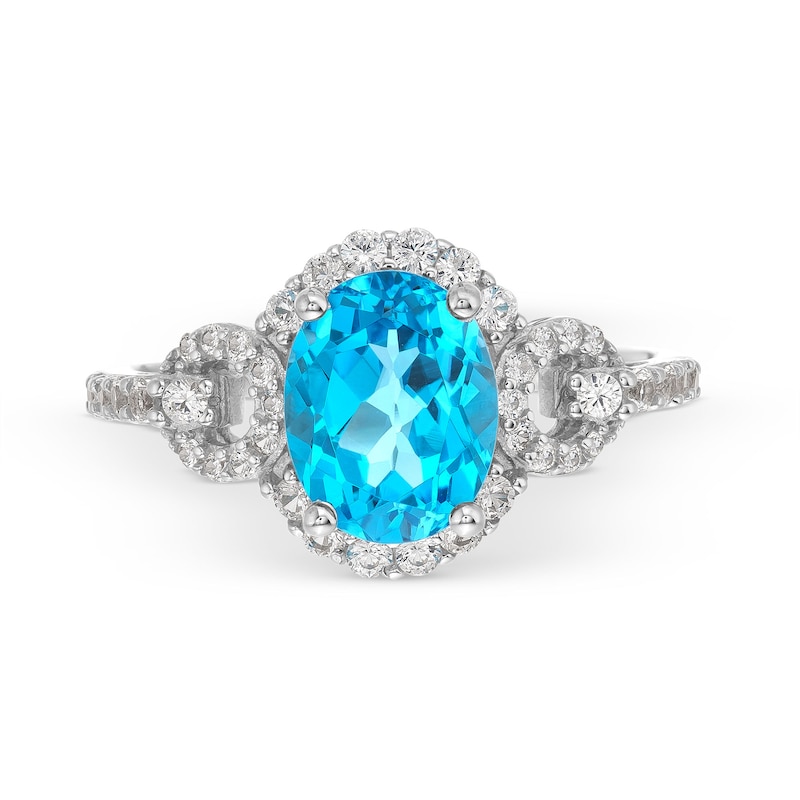 Main Image 4 of Oval Swiss Blue Topaz and White Lab-Created Sapphire Doorknocker Pendant, Ring and Drop Earrings Set in Sterling Silver
