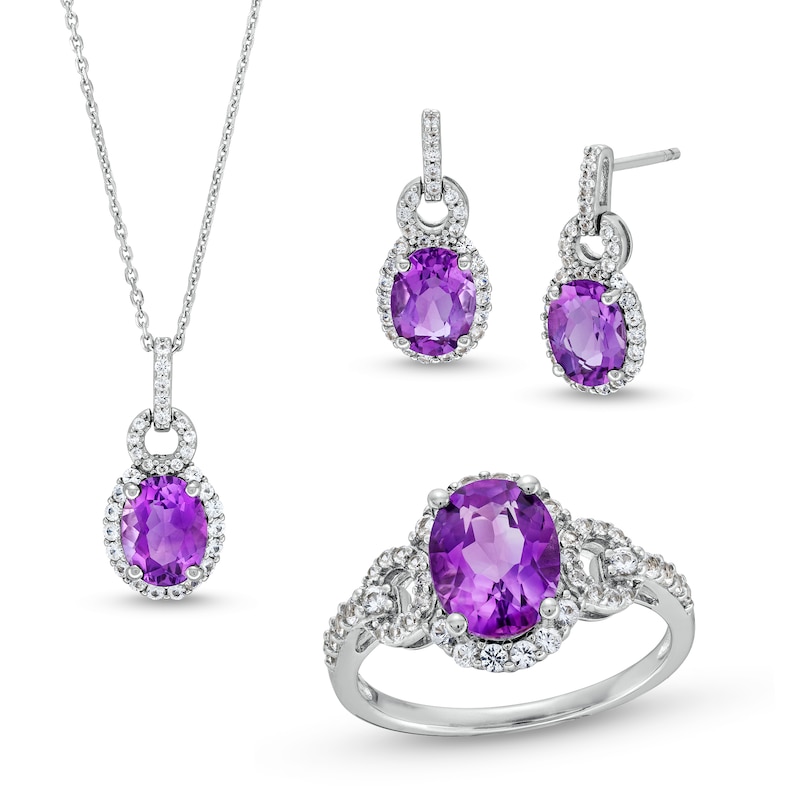 Main Image 1 of Oval Amethyst and White Lab-Created Sapphire Doorknocker Pendant, Ring and Drop Earrings Set in Sterling Silver