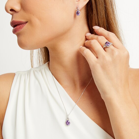 Oval Amethyst and White Lab-Created Sapphire Doorknocker Pendant, Ring and Drop Earrings Set in Sterling Silver