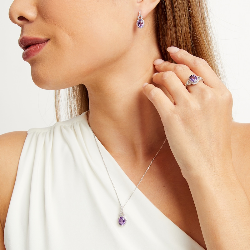Main Image 2 of Oval Amethyst and White Lab-Created Sapphire Doorknocker Pendant, Ring and Drop Earrings Set in Sterling Silver