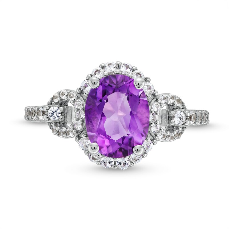 Main Image 4 of Oval Amethyst and White Lab-Created Sapphire Doorknocker Pendant, Ring and Drop Earrings Set in Sterling Silver