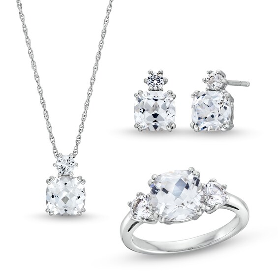 Cushion-Cut White Lab-Created Sapphire Pendant, Ring and Stud Earrings Set in Sterling Silver