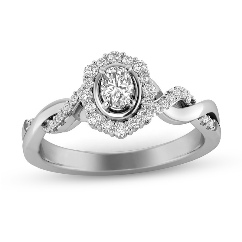 Main Image 1 of 1/3 CT. T.W. Oval Diamond Scallop Frame Twist Shank Ring in 10K White Gold