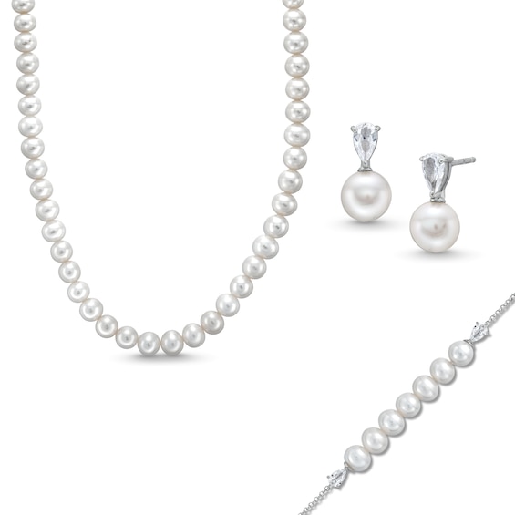 Freshwater Cultured Pearl Strand Necklace, Bolo Bracelet and Drop Earrings Set in Sterling Silver