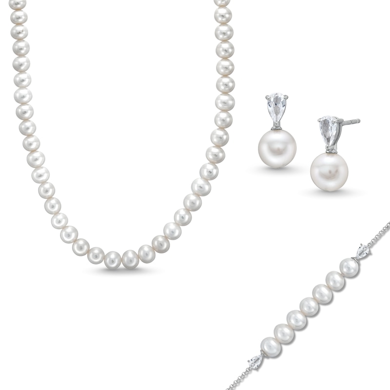 Main Image 1 of Freshwater Cultured Pearl Strand Necklace, Bolo Bracelet and Drop Earrings Set in Sterling Silver