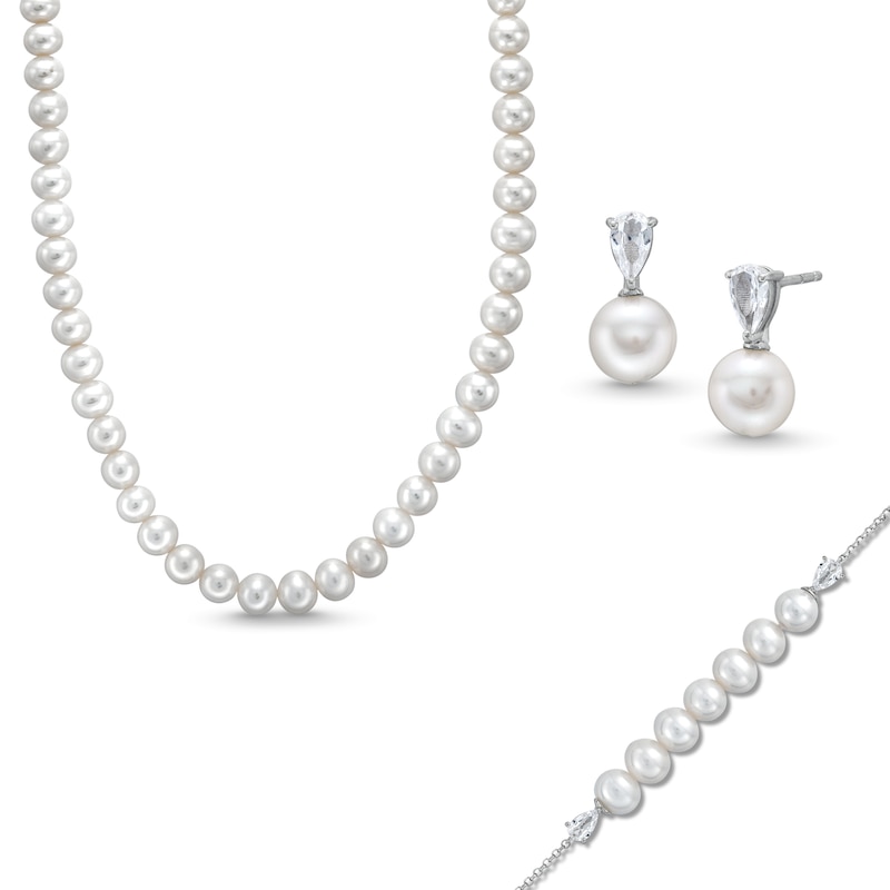 Cultured Freshwater Pearl Strand Necklace, Bolo Bracelet and Drop Earrings Set in Sterling Silver