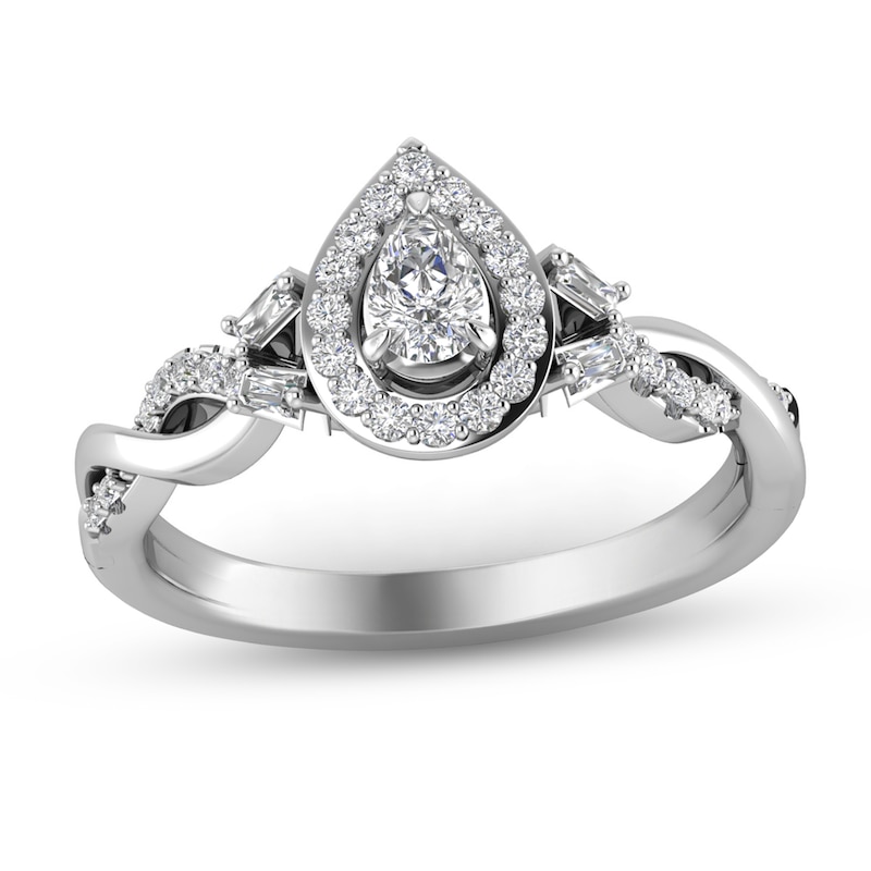 Main Image 1 of 1/3 CT. T.W. Pear-Shaped Diamond Frame Twist Shank Ring in 10K White Gold