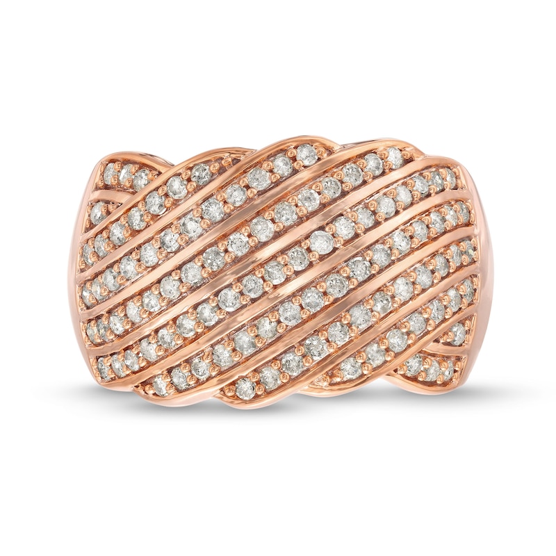 Main Image 4 of 3/4 CT. T.W. Diamond Linear Multi-Row Rolling Wave Ring in 10K Rose Gold