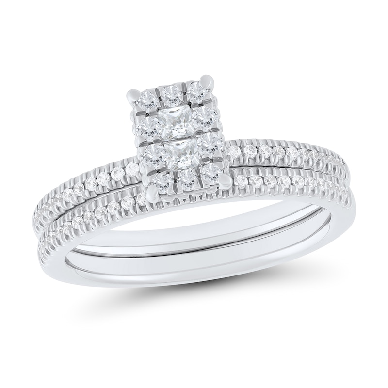 Main Image 1 of 1/2 CT. T.W. Emerald Multi-Diamond Scallop Frame Bridal Set in 10K White Gold