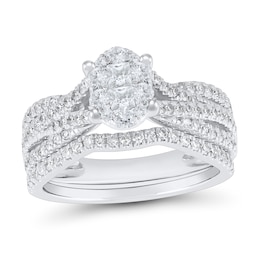 1 CT. T.W. Oval Multi-Diamond Triple Row Split Shank Bridal Set in 10K White Gold