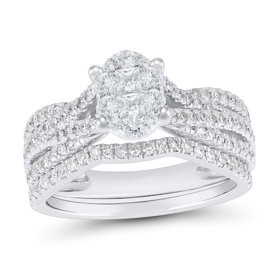 1 CT. T.w. Oval Multi-Diamond Triple Row Split Shank Bridal Set in 10K White Gold
