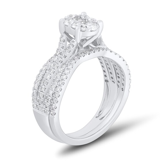 1 CT. T.w. Oval Multi-Diamond Triple Row Split Shank Bridal Set in 10K White Gold