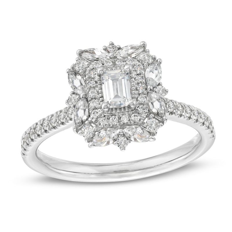 Main Image 1 of 3/4 CT. T.W. Emerald-Cut Diamond Art Deco Frame Vintage-Style Engagement Ring in 14K White Gold