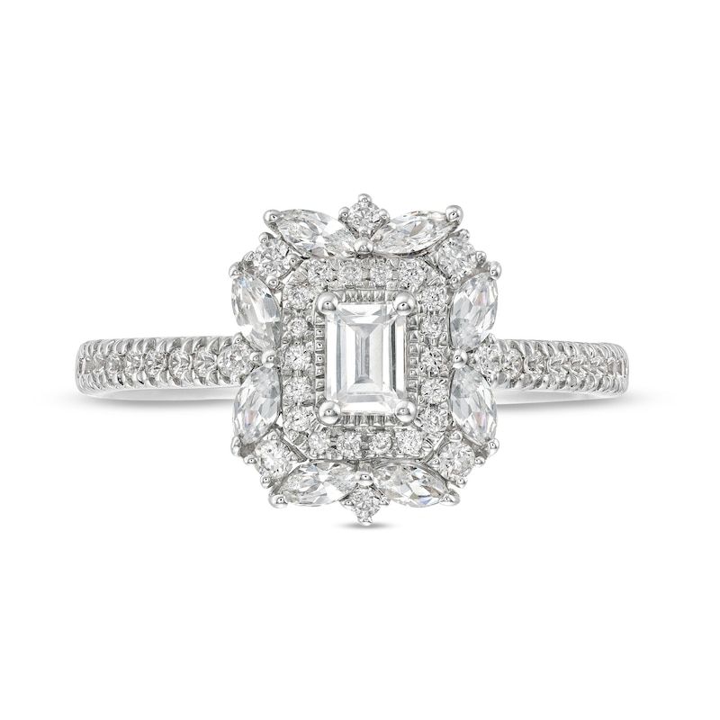 Main Image 4 of 3/4 CT. T.W. Emerald-Cut Diamond Art Deco Frame Vintage-Style Engagement Ring in 14K White Gold