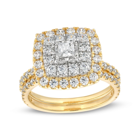 1-1/2 CT. T.w. Princess-Cut Diamond Cushion Double Frame Bridal Set in 10K Gold