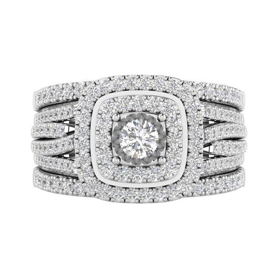 1-1/2 CT. T.w. Diamond Cushion Double Frame Twist Shank Three Piece Bridal Set in 10K White Gold