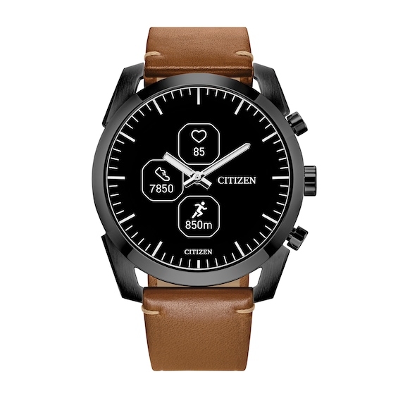 Men's Citizen Gen-2 Grey IP Brown Strap CZ Hybrid Smart Watch with Black Touch Screen Dial (Model: Jx2017-05E)