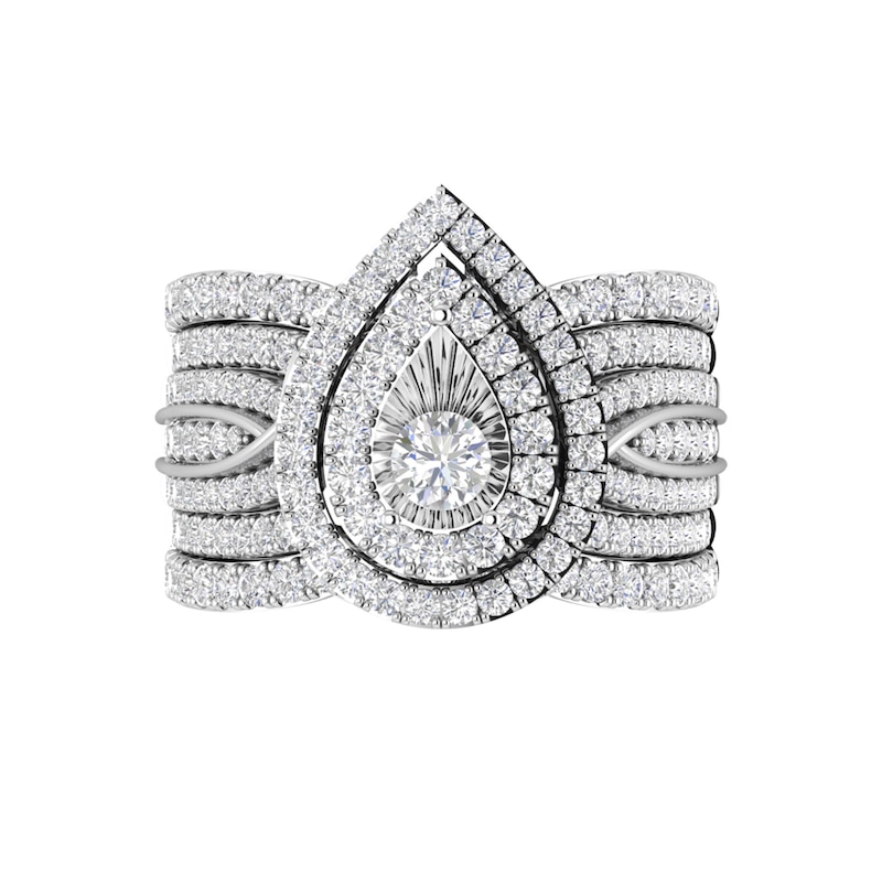 Main Image 1 of 1-3/4 CT. T.W. Diamond Double Teardrop Frame Multi-Row Three Piece Bridal Set in 10K White Gold