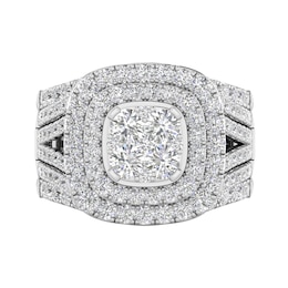 2-1/2 CT. T.W. Cushion Multi-Diamond Double Frame Multi-Row Split Shank Three Piece Bridal Set in 10K White Gold